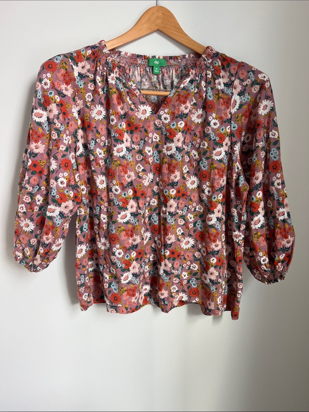 dip | Cotton Linen Blend Rose Multi Floral Peasant Blouse Business Casual Sz 1X